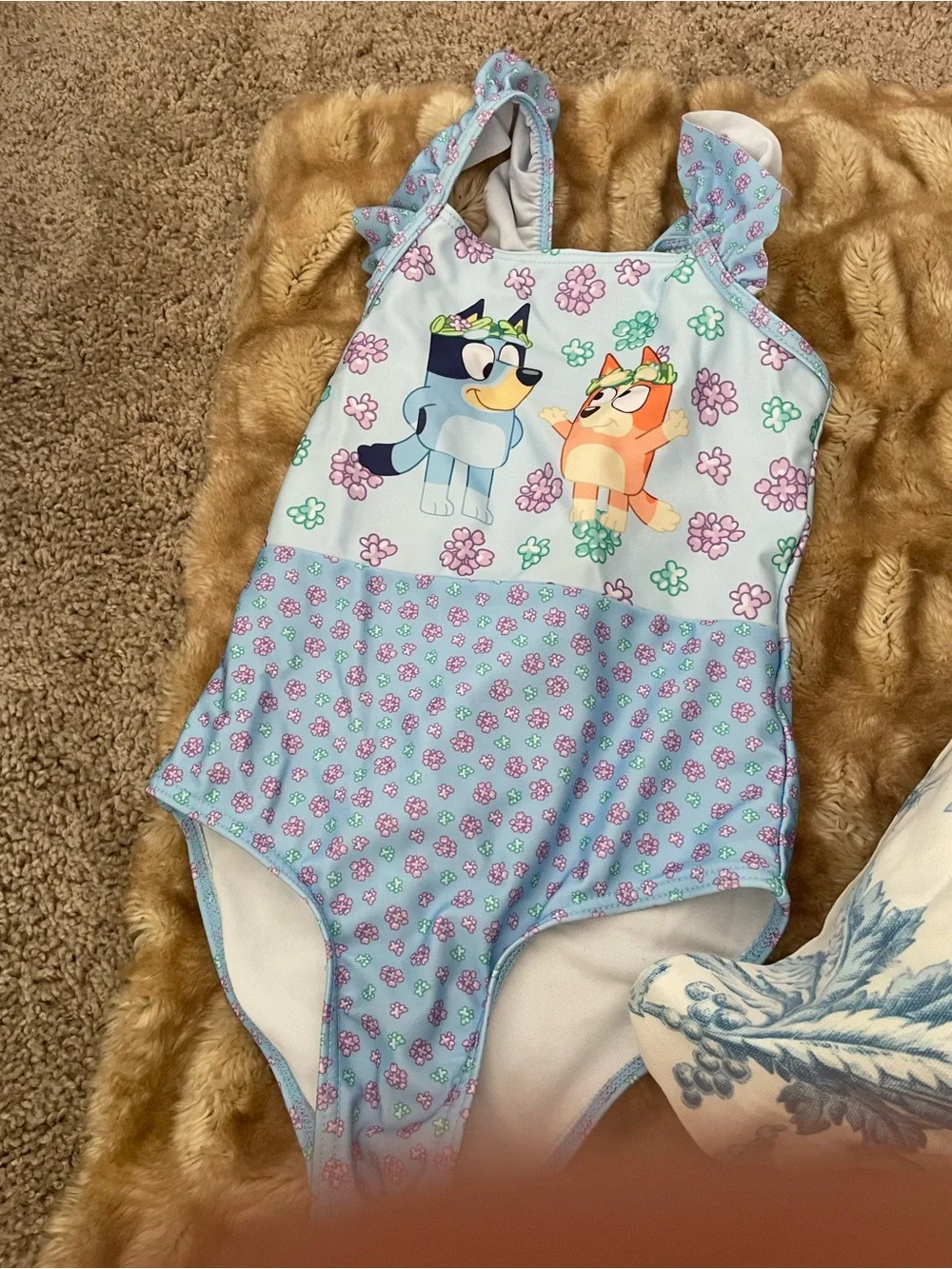 Girls Bluey One-Piece Swimsuit with Cartoon Blue & Orange Characters